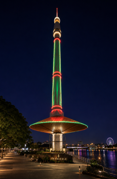 Concept view of the restored Skyneedle illuminated in green, red and warm white beside the Brisbane River